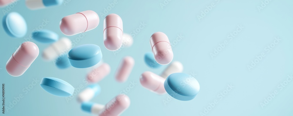 Close-up of pills falling, sleek modern medical scene, 3D illustration