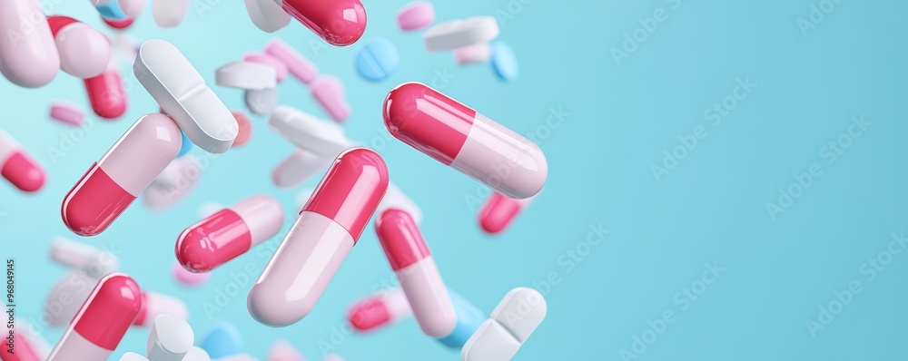 Close-up of pills falling, sleek modern medical scene, 3D illustration Close-up of pills falling, sleek modern medical scene, 3D illustration