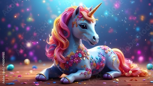 Adorable unicorn, magical baby rainbow horse with glitter all around, fantasy background, 3D illustration created with artificial intelligence