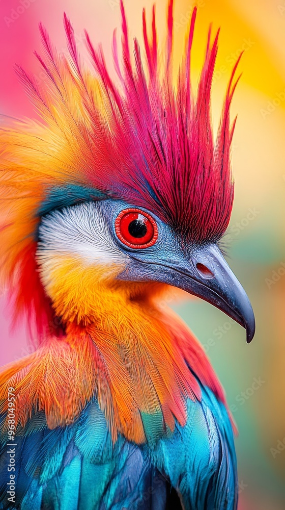 Fototapeta premium Colorful exotic bird with vibrant plumage close-up. Wildlife and nature beauty concept