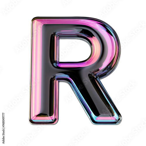 hologram dark glossy R alphabet Realistic 3D on white background. Generative AI