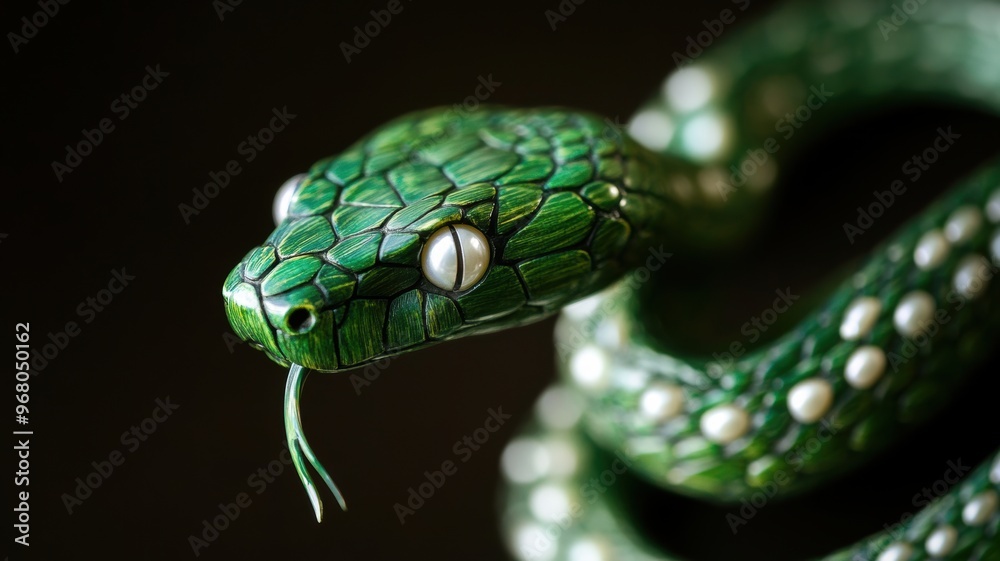 Green wooden snake with intricate design and pearlescent eyes, capturing attention. Green wooden snake with intricate design and pearlescent eyes, capturing attention.