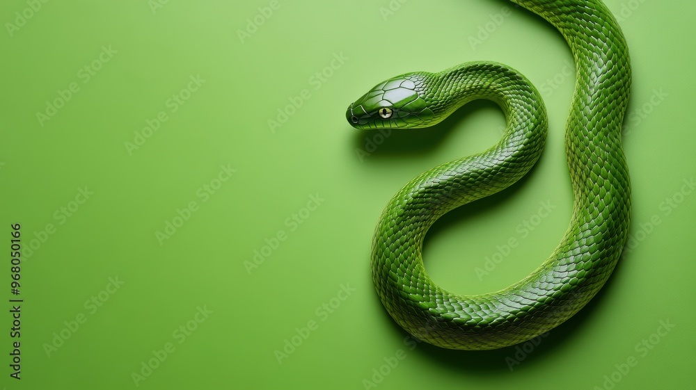 Fototapeta premium Modern green snake sculpture with clean design, set against a monochrome green backdrop.