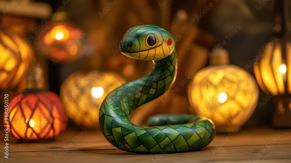 Fototapeta premium Adorable green snake with colorful patterns, handcrafted for children's enjoyment.