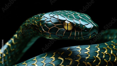 Mystical green wooden snake with glowing eyes, creating a sense of mystery. photo