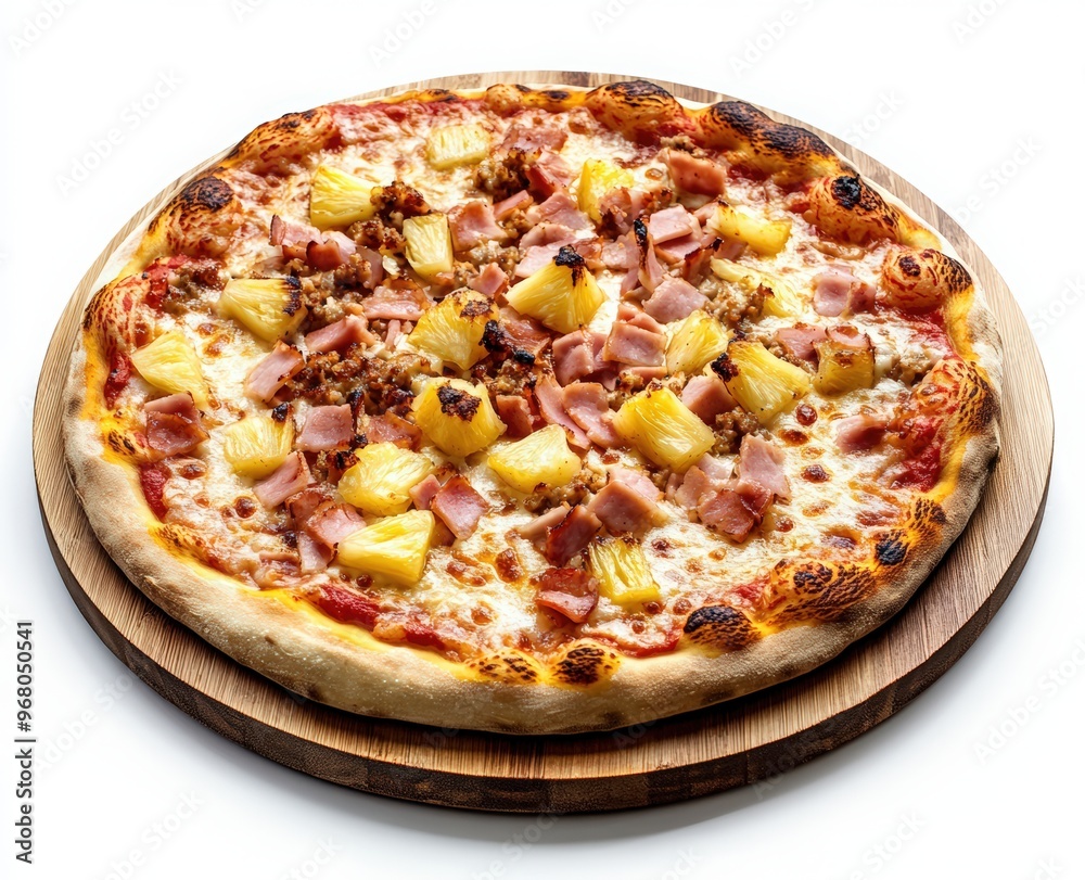 pizza with pineapple, ham, and cheese on a wooden plate, isolated on a white background pizza with pineapple, ham, and cheese on a wooden plate, isolated on a white background