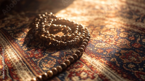 Closeup of Islamic Prayer Beads on a Traditional Rug photo