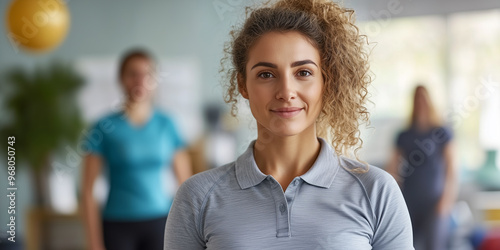 Physiotherapeutin in moderner Klinik mit Patienten im Hintergrund