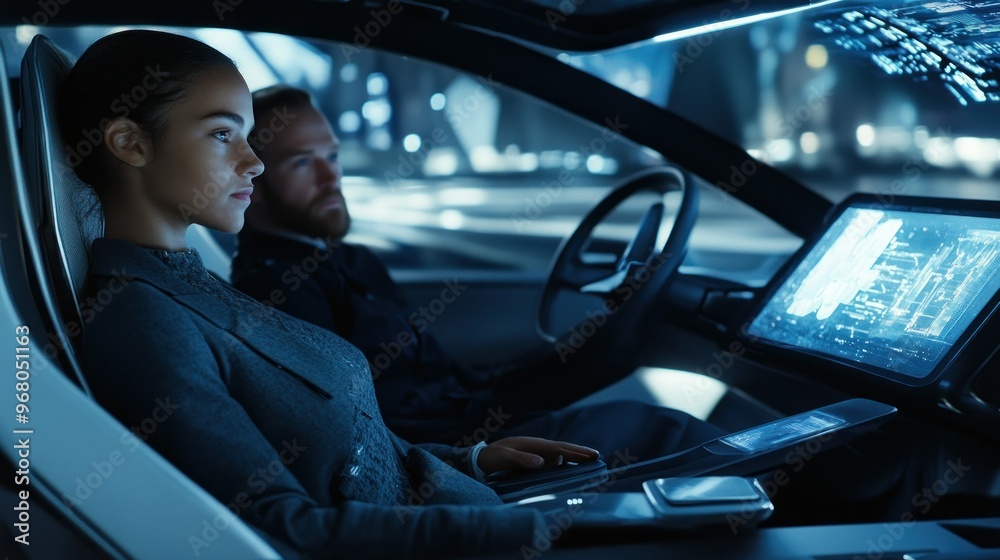 Obraz premium Woman and Man in a Modern Car Interior with Futuristic Technology