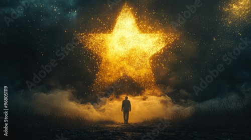 Silhouette of Man Walking Towards a Giant Star in the Night Sky