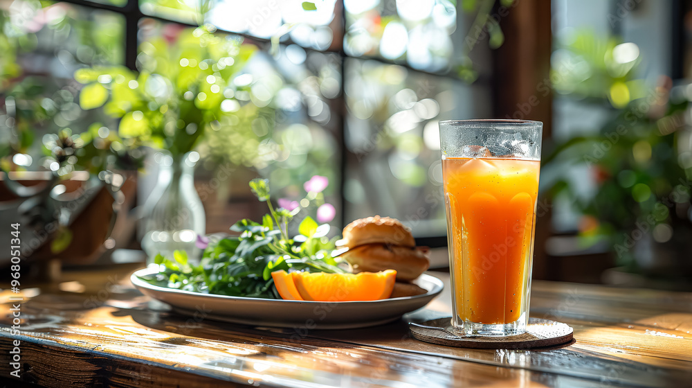 A glass of orange juice is on a wooden table with a plate of berries and a piece of toast. A glass of orange juice is on a wooden table with a plate of berries and a piece of toast.