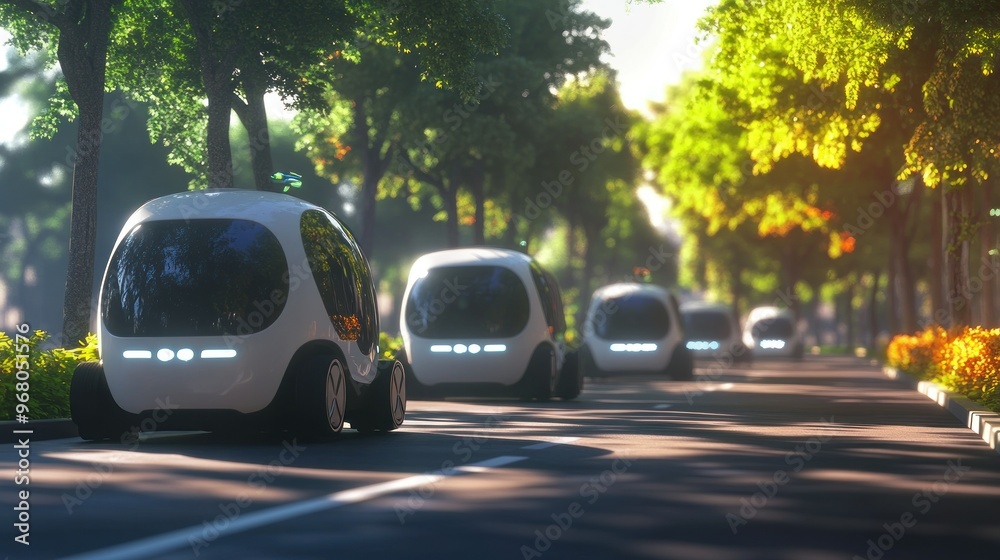 Fototapeta premium Autonomous Vehicles Driving Through a Tree-Lined Road at Sunset