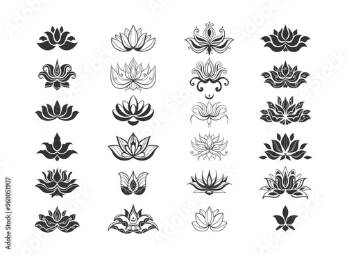 Hand drawing Silhouette set of lotus, elegant vector clipart: serene, delicate, ideal for spiritual botanical designs, calligraphy line and shape. creative for design, logo, branding, tattoo