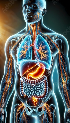 Anatomical illustration of human torso with highlighted organs