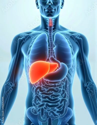 Human torso with liver highlighted