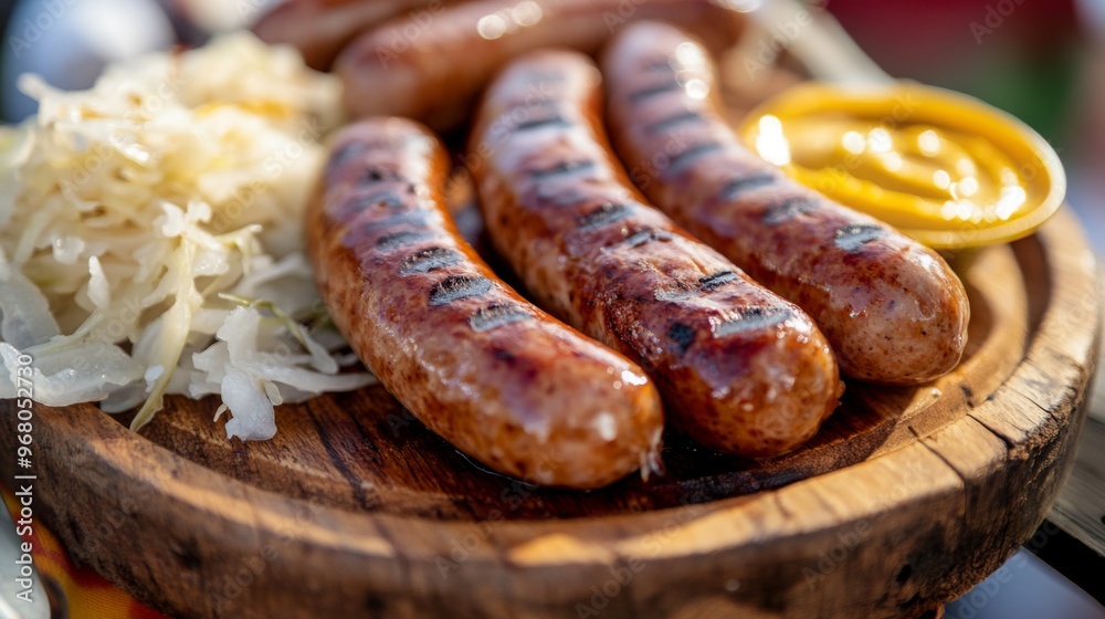 Close-up of Grilled Sausages with Sauerkraut and Mustard on a Wooden Plate Close-up of Grilled Sausages with Sauerkraut and Mustard on a Wooden Plate