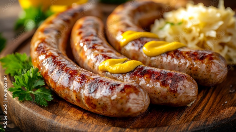 Close-Up of Grilled Sausages with Mustard and Parsley on a Wooden Board Close-Up of Grilled Sausages with Mustard and Parsley on a Wooden Board