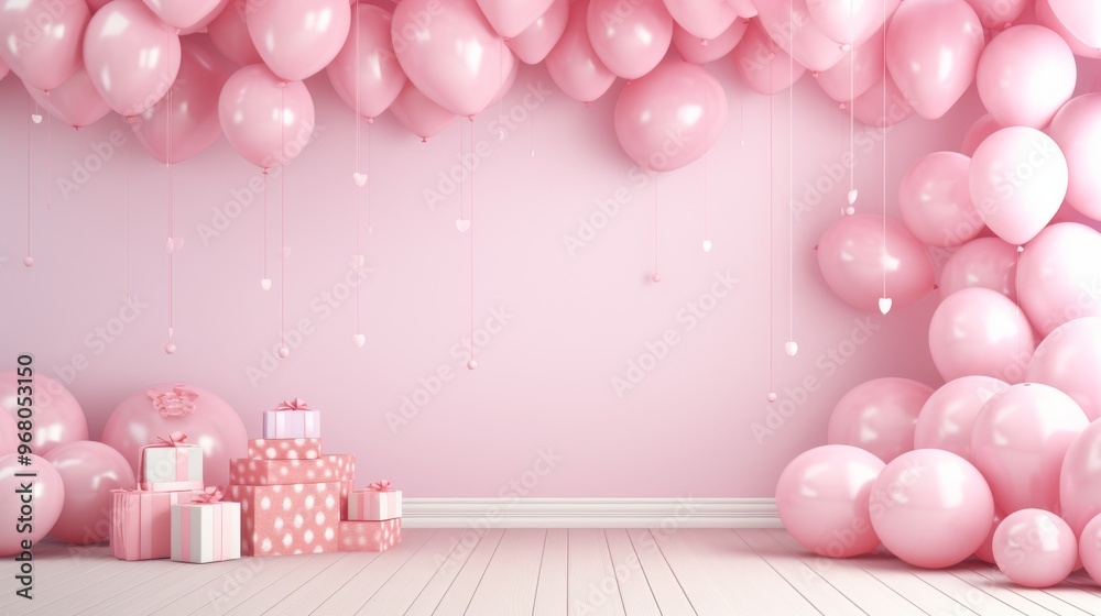 Pink birthday party mock-up background with festive decorations, balloons, pastel confetti, cake, and lit candles in a cheerful celebration setup, perfect for adding personalized greetings or messages Pink birthday party mock-up background with festive decorations, balloons, pastel confetti, cake, and lit candles in a cheerful celebration setup, perfect for adding personalized greetings or messages