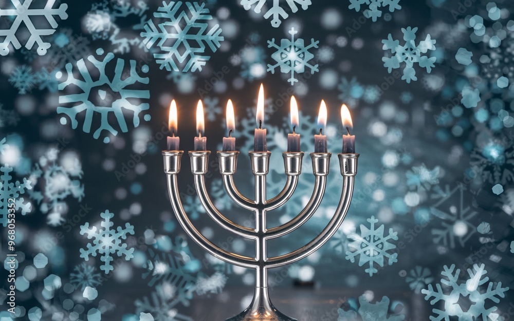 Fototapeta premium Hanukkah Candles in a Window with Snow Falling Outside