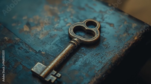 Antique Key on Blue Wooden Surface