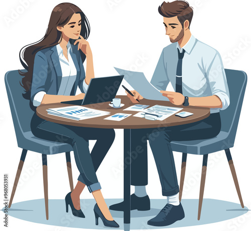 Partners meeting for business discussion with documents and laptop on desk. Couple at round table, speaking, discussing work, partnership. Flat vector illustration isolated on white background