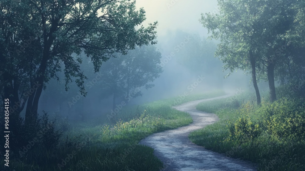 Fototapeta premium Misty Forest Path Winding Through Green Trees