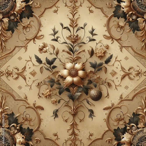 3D render of vintage floral seamless pattern with gold ornament on the wall