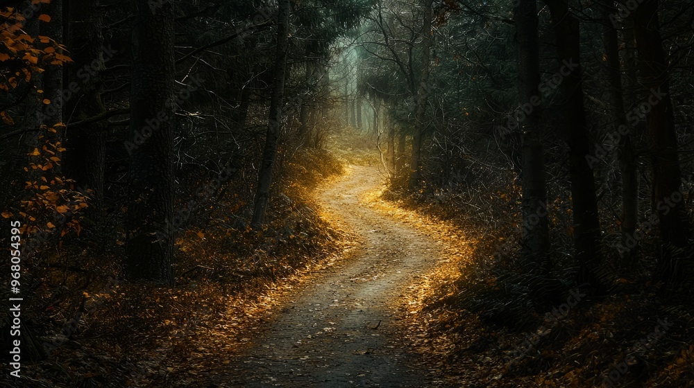 Fototapeta premium Path Through Dark Forest with Golden Sunlight