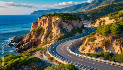 Scenic coastal highway, winding road along cliffs by the ocean, blurred car in motion, vibrant colors of sea and sky.Summer vacation concept