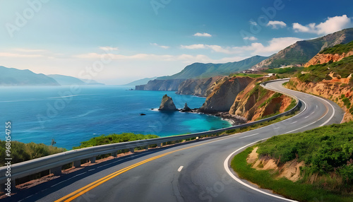 Scenic coastal highway, winding road along cliffs by the ocean, blurred car in motion, vibrant colors of sea and sky.Summer vacation concept