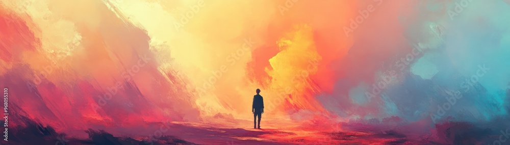A Solitary Figure Standing Amidst Vibrant Abstract Landscape A Solitary Figure Standing Amidst Vibrant Abstract Landscape