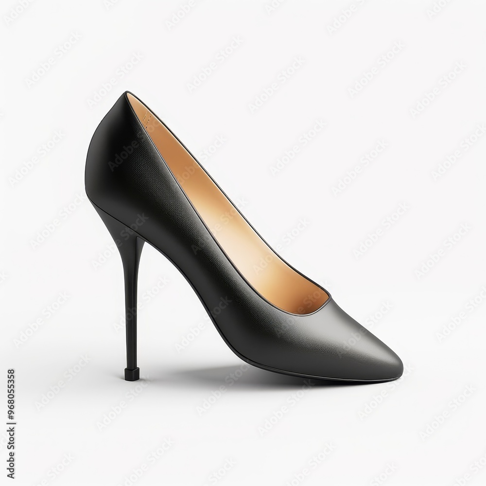 Classic court shoes, fashion element, realistic 3D render, black leather, isolated on white background. Classic court shoes, fashion element, realistic 3D render, black leather, isolated on white background.
