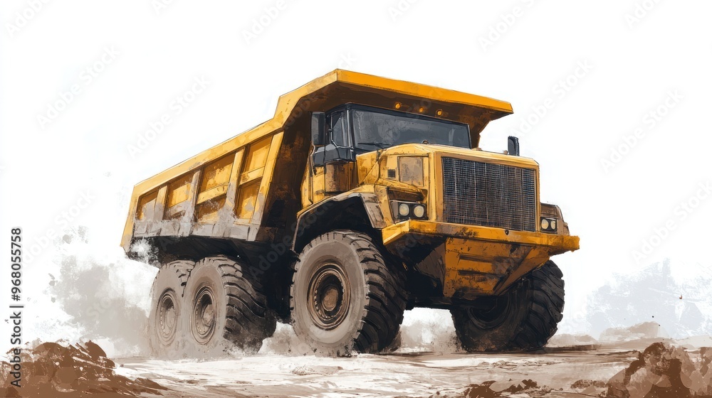 Yellow Dump Truck Driving Through Dirt and Mud Yellow Dump Truck Driving Through Dirt and Mud