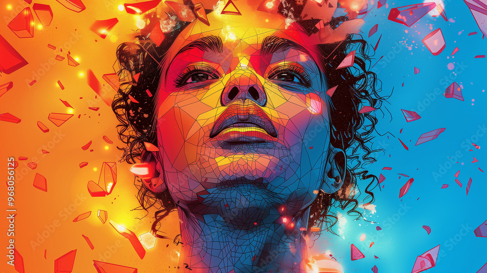 Fototapeta premium Graphic illustration of an African American woman breaking through the glass ceiling / concept of equality, women's rights, black empowerment / line art 