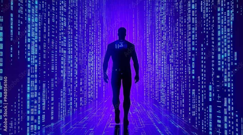 Digital World: Silhouette Walking Through Glowing Code Digital World: Silhouette Walking Through Glowing Code