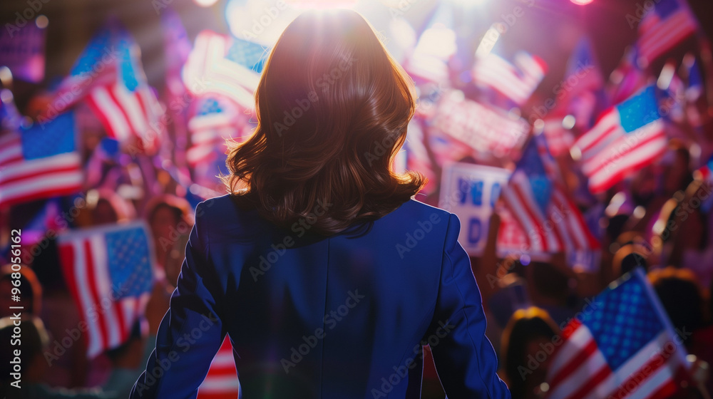 Female Presidential candidate speaking to a crowd at a political rally
Female Presidential candidate speaking to a crowd at a political rally