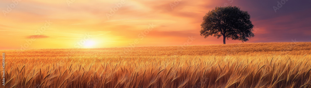 Fototapeta premium Lone Tree in a Wheat Field at Sunset with Vibrant Sky