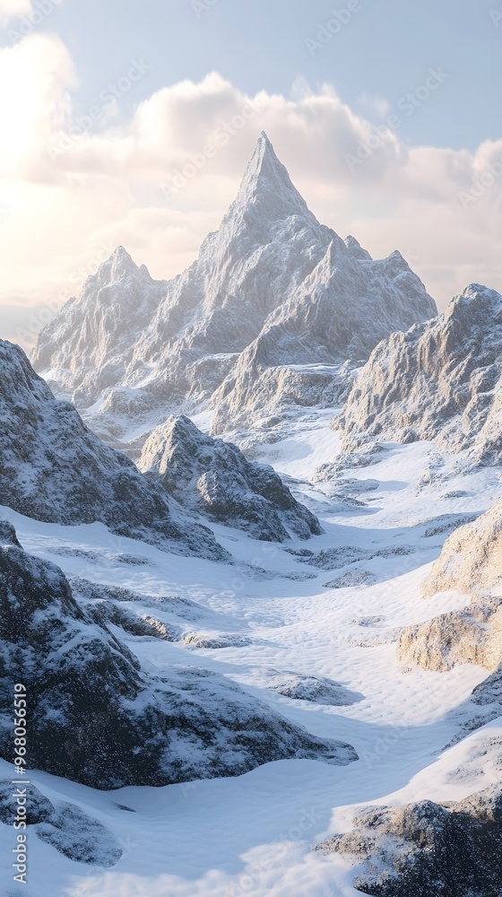 Obraz premium Snowy mountains surrounded by rocks, with some snow on the peaks and rocks covered in a white powder