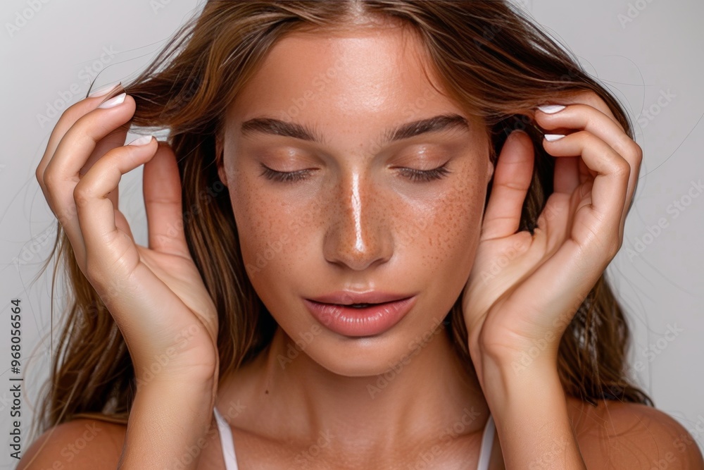 Portrait of a Beautiful Young Woman with Freckles, Emphasizing Natural Beauty and Healthy Skin Portrait of a Beautiful Young Woman with Freckles, Emphasizing Natural Beauty and Healthy Skin