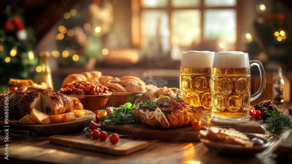 Festive Christmas Table Setting with Beer, Bread, and Tomatoes Festive Christmas Table Setting with Beer, Bread, and Tomatoes