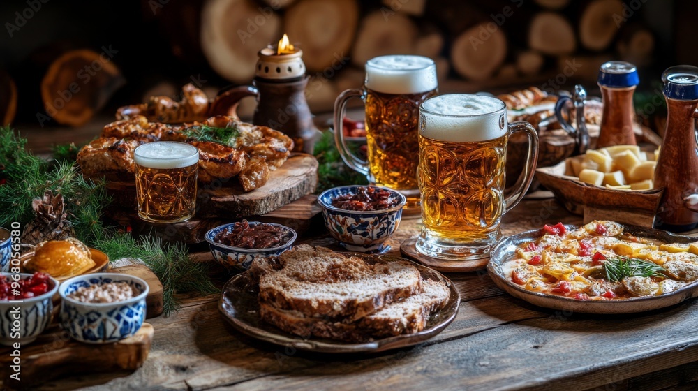 Fototapeta premium Rustic Table Setting with Beer, Bread, and Appetizers