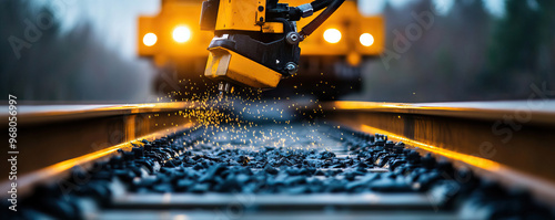 A close-up view of a machine maintaining railway tracks, showcasing precision and technology in action on a rainy day. photo