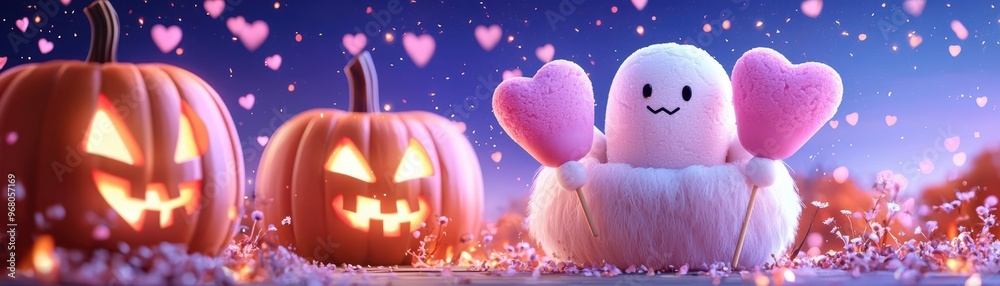 Fototapeta premium Chubby cute animals playing around giant pumpkins, each holding heartshaped icecream, Halloween love in the air, 3D illustration