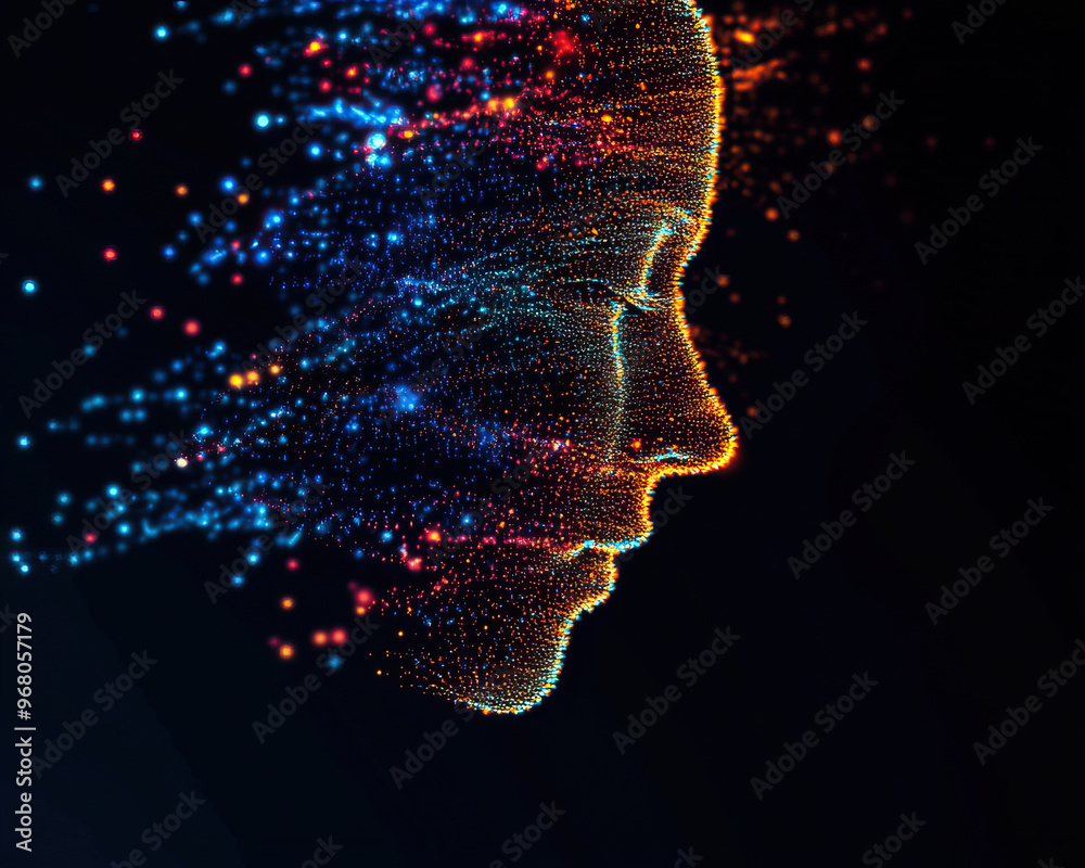 A digital silhouette of a face composed of vibrant particles, symbolizing technology, creativity, and the fusion of art and science. A digital silhouette of a face composed of vibrant particles, symbolizing technology, creativity, and the fusion of art and science.