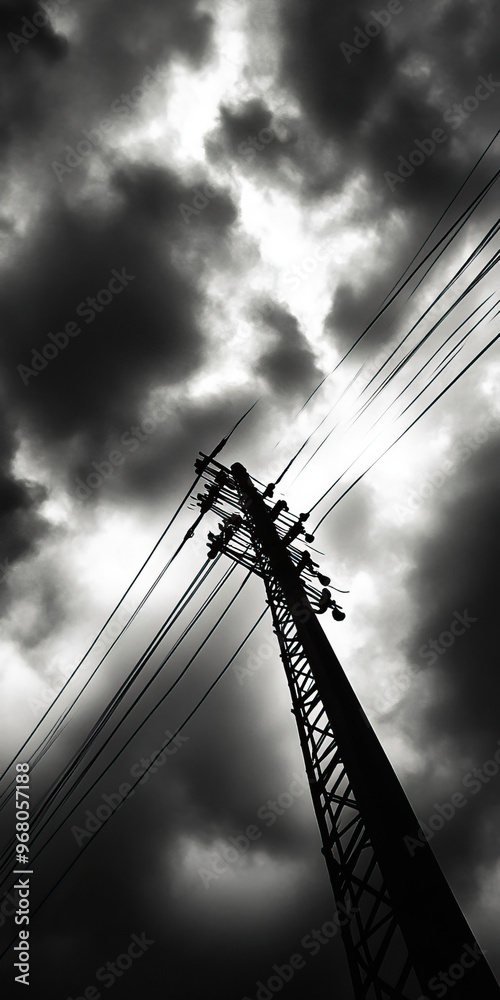 Fototapeta premium A dramatic silhouette of a power pole against a cloudy sky, capturing the essence of urban life in a moody monochrome setting.