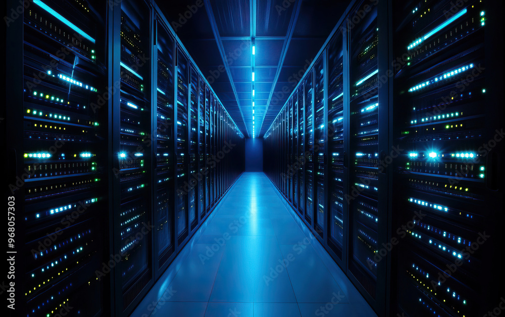 A futuristic data center corridor illuminated by blue lights, showcasing rows of servers and advanced technology in a digital environment. A futuristic data center corridor illuminated by blue lights, showcasing rows of servers and advanced technology in a digital environment.
