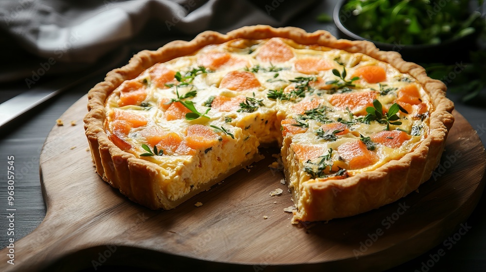 Freshly baked salmon and cheese quiche with herbs, sliced and displayed on a cutting board, perfect for a delicious breakfast. Freshly baked salmon and cheese quiche with herbs, sliced and displayed on a cutting board, perfect for a delicious breakfast.
