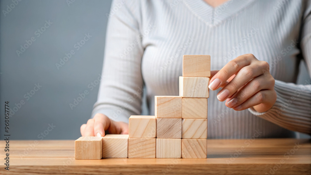 Building structure with wooden blocks symbolizes growth and success in business. careful placement of each block reflects strategic process involved in achieving goals Building structure with wooden blocks symbolizes growth and success in business. careful placement of each block reflects strategic process involved in achieving goals