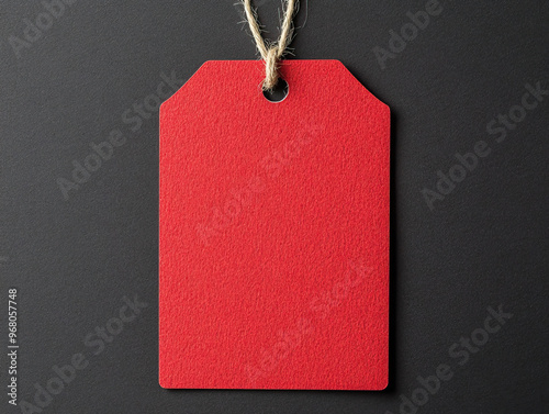 A plain red tag with a textured surface and twine, perfect for price labeling or gift tagging on a dark background. photo