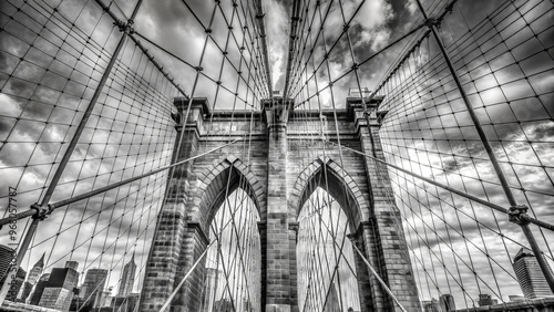 Brooklyn Bridge stands majestically in this close up shot, showcasing its intricate architecture and iconic cables against dramatic sky. image captures essence of New York City